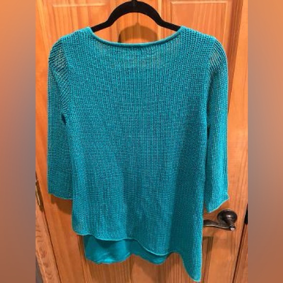 EILEEN FISHER GREEN ORGANIC LINEN ASYMMETRICAL OPEN KNIT‎ SWEATER TUNIC SIZE XS - Picture 2 of 4